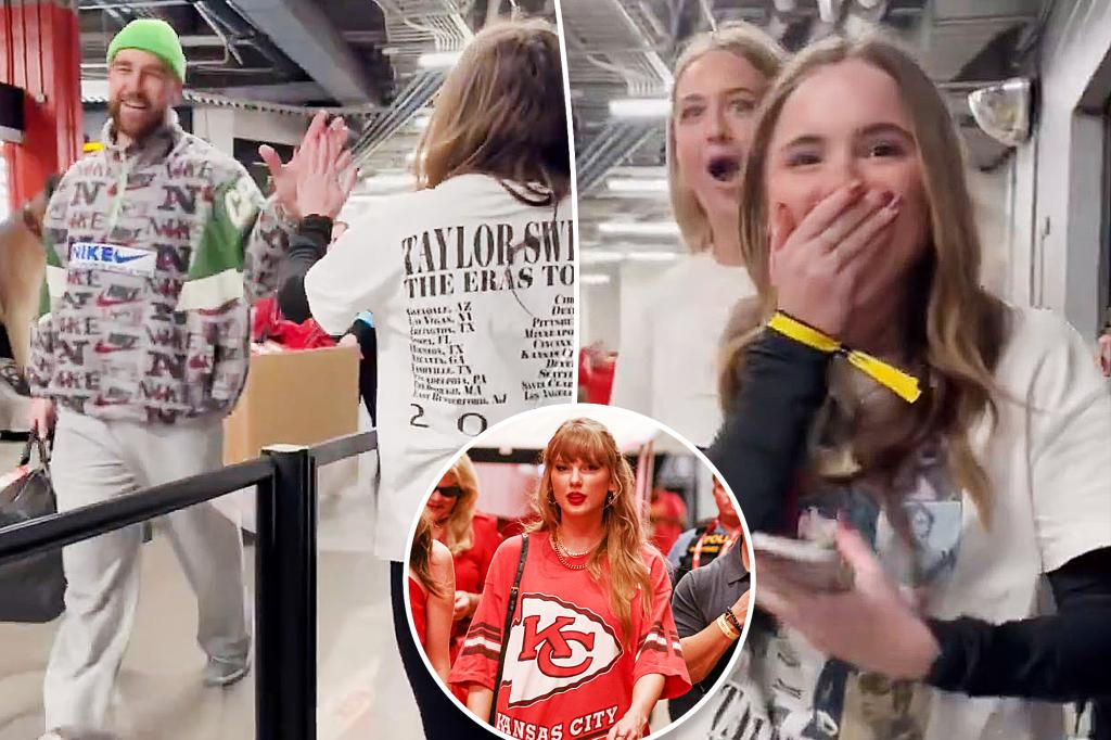 Travis Kelce high-fives Taylor Swift fans as singer skips Chiefs vs….