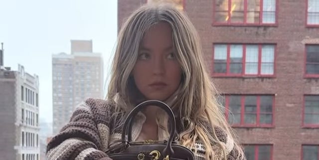 Sydney Sweeney Ditches Her Top for a Chunky Cardigan and a Major Miu Miu Bag